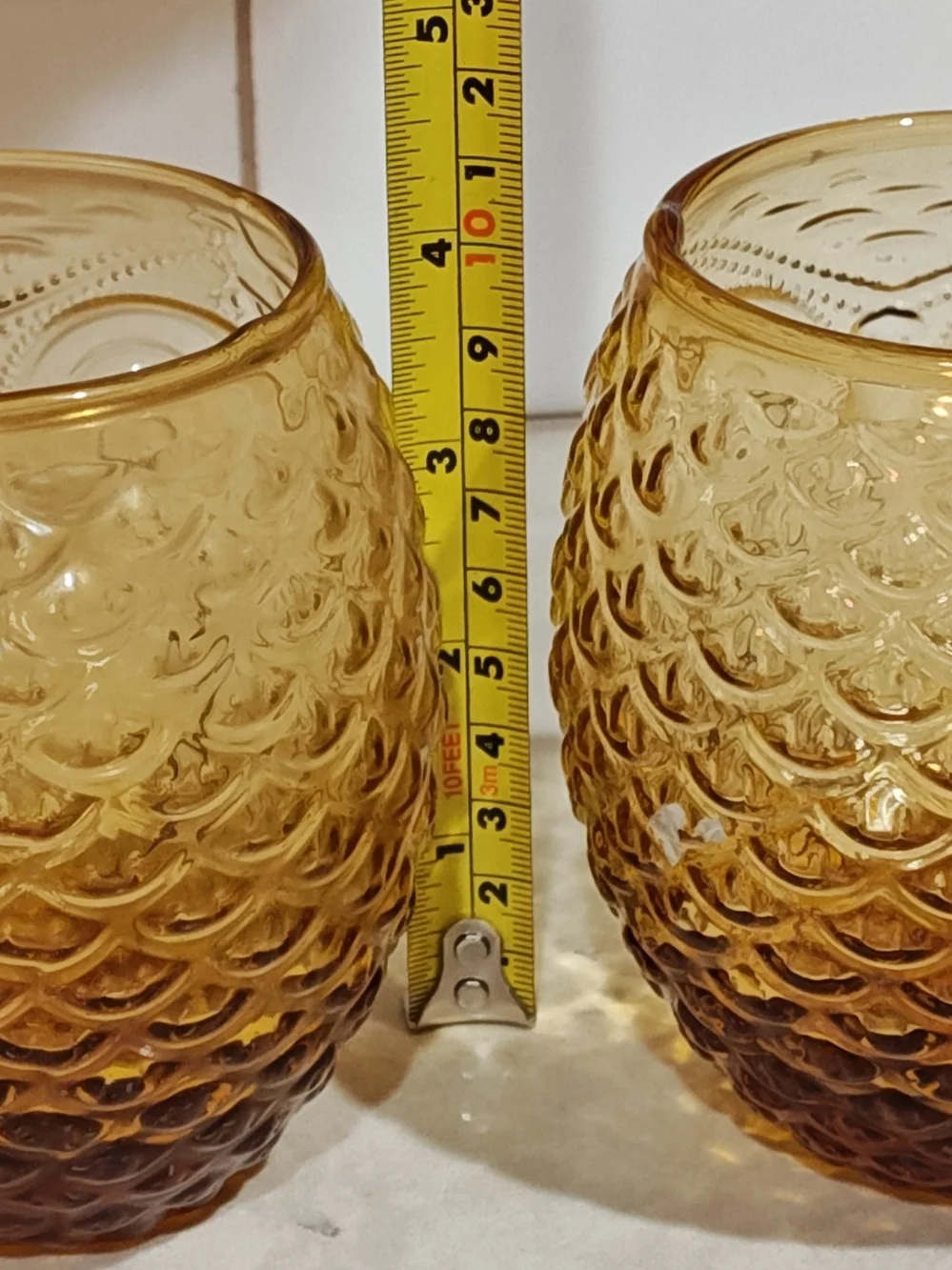 Vintage Cottage Core Art Glass Amber Owl Glasses Honeycomb Pattern Set Of 2
